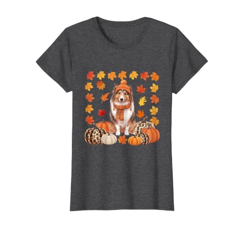 Shetland Sheepdog Sheltie Shop Sheltie Shetland Sheepdog Pumpkins Fall Leaves Halloween T-Shirt - size chart