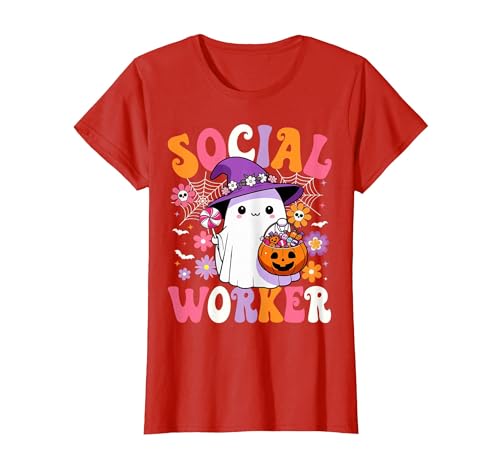 Groovy Social Worker Halloween Ghost Costume Halloween Social Worker Ghost Cute Social Worker Halloween T-Shirt - size chart