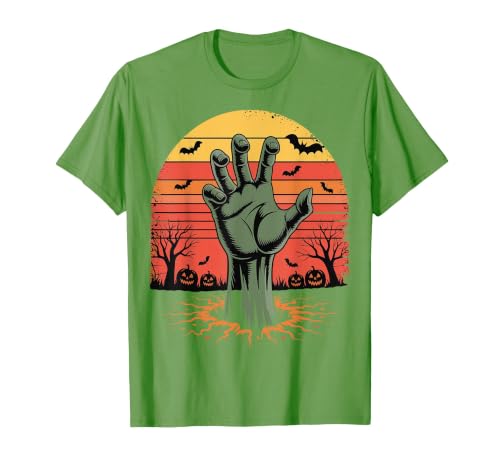 Creepy Undead Zombie Hand Retro Sunset Scary Zombie Hand Retro Sunset Halloween Horror Tee T-Shirt - size chart