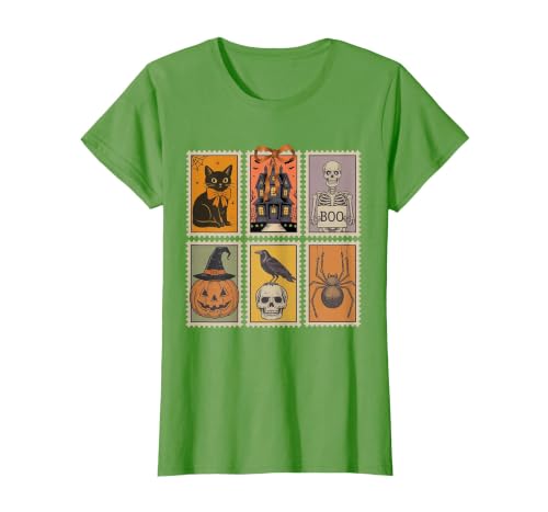 Halloween Stamp Cute Ghost Cute Fall Apparel Vintage Halloween Stamp Cute Ghost Pumpkin Cat Retro Fall T-Shirt - size chart