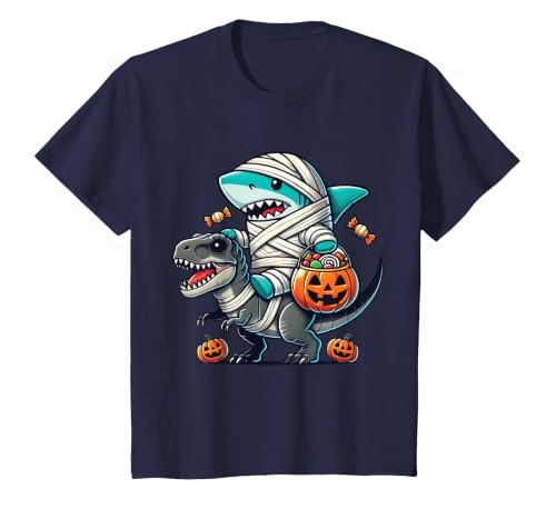 Funny Shark Dinosaur Halloween Kids Boys Tees Shark Riding Dinosaur T-rex Funny Halloween Pumpkin Boys Kid T-Shirt - size