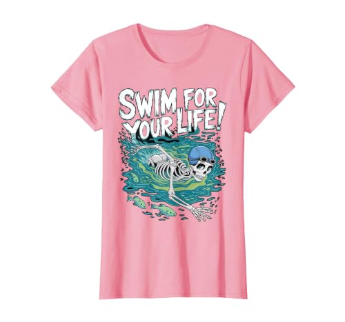 Swim Lover Halloween Custom Tee For Swimmers Kids Halloween Skeleton Swimming Swim for Your Life Swimmers Dad T-Shirt - size