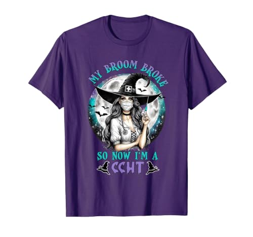 CCHT Dialysis Technician My Broom Broke So Now I'm a CCHT Dialysis Tech Halloween T-Shirt - size chart