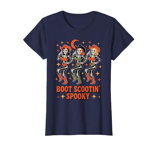 Dancing Skeleton Girls Retro Country Halloween Tee Boot Scootin Cowgirl Spooky Western Line Dance T-Shirt - size chart