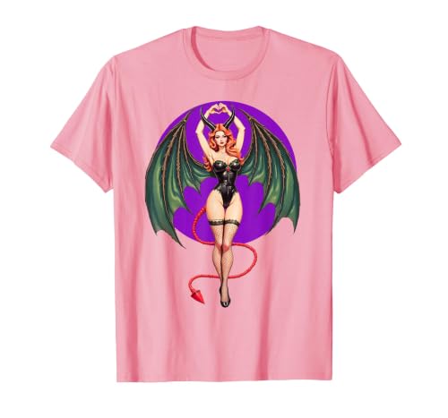 Classic Vintage Pin-Up Sexy Girl by YUX Sexy Succubus Monster Halloween Hand Heart Pin-Up Girl Devil T-Shirt - size chart
