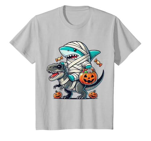 Funny Shark Dinosaur Halloween Kids Boys Tees Shark Riding Dinosaur T-rex Funny Halloween Pumpkin Boys Kid T-Shirt - size