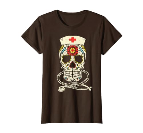 Halloween Nurse Shirts For Women Scrub Costumes Nurse Sugar Skull Stethoscope RN Medical Halloween Costume T-Shirt - size
