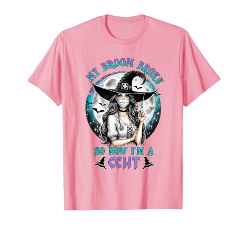CCHT Dialysis Technician My Broom Broke So Now I'm a CCHT Dialysis Tech Halloween T-Shirt - size chart