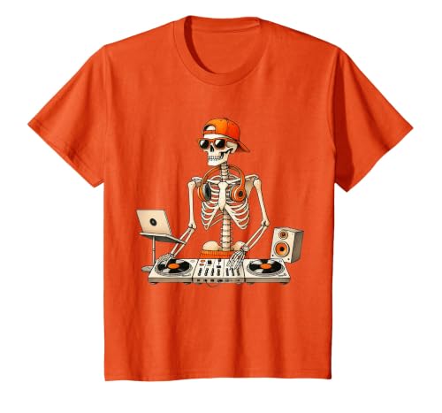 Funny Skeleton DJ Halloween Men Outfit Skeleton DJ Halloween Costume Turntable Music Funny Men Boys T-Shirt - size chart