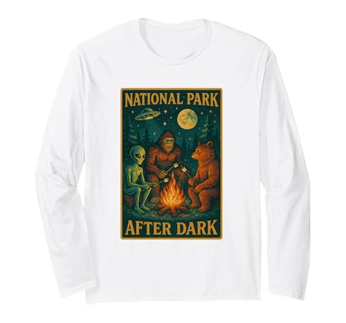 National Park After Dark Tee National Park After Dark: Alien Bigfoot Bear Camping Long Sleeve T-Shirt - size chart