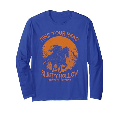 Mind Your Head Sleepy Hollow Headless Horseman Halloween Long Sleeve T-Shirt - size chart