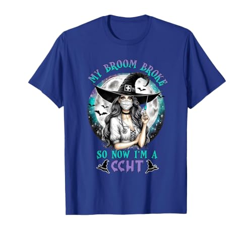 CCHT Dialysis Technician My Broom Broke So Now I'm a CCHT Dialysis Tech Halloween T-Shirt - size chart