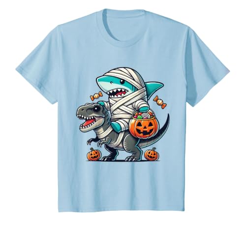 Funny Shark Dinosaur Halloween Kids Boys Tees Shark Riding Dinosaur T-rex Funny Halloween Pumpkin Boys Kid T-Shirt - size