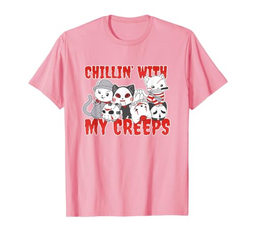 Chillin With My Creeps Apparel Chillin with My Creeps Cat Horror Killer Halloween Costume T-Shirt - size chart