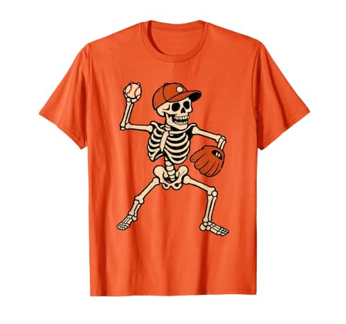 Funny Skeleton Baseball Tee Skeleton Baseball Halloween Costume Pitcher Sport Player T-Shirt - size chart