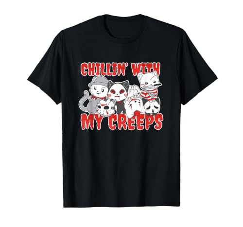 Chillin With My Creeps Apparel Chillin with My Creeps Cat Horror Killer Halloween Costume T-Shirt - size chart