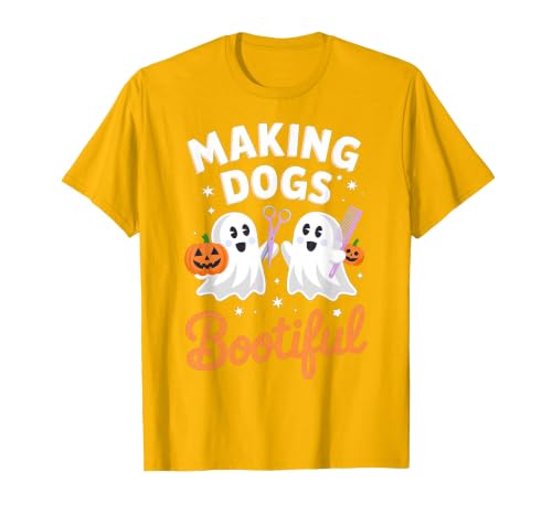 Dog Lover Spooky Grooming Groomer Attire Pet Groomer Funny Halloween Making Dogs Bootiful T-Shirt - size chart