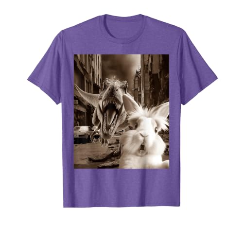 Funny Bunny Rabbit Selfie with T-Rex Tyrannosaurus Dinosaur T-Shirt — design detail