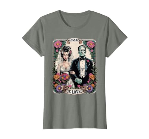 The Lovers Tarot Card Spooky Halloween Women Men The Monster Frankenstein and Bride The Lovers Tarot Card T-Shirt - size