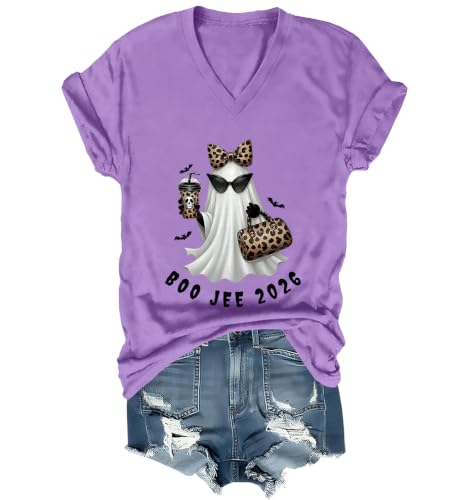 WQFQW Boo JEE 2026 Ghost Funny Halloween Leopard Print Ghost Shirt for Women - size chart