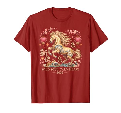 Chinese New Year 1990 Birthday Fortune Prosper Red Festive 2026 Horse Lady Crazy Wild Soul Calm Heart Lunar T-Shirt - size chart