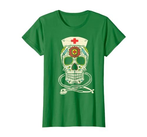 Halloween Nurse Shirts For Women Scrub Costumes Nurse Sugar Skull Stethoscope RN Medical Halloween Costume T-Shirt - size