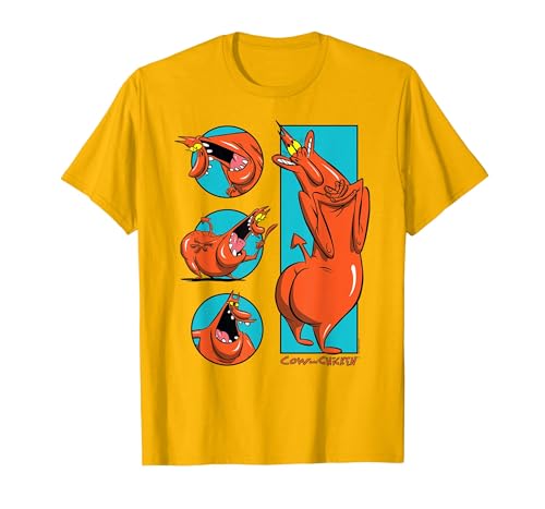 Cow and Chicken Red Guy Poses Collage Cartoon T-Shirt - size chart