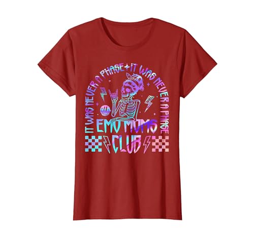 Emo Moms Club Halloween Costume Funny Skeleton It was Never A Phase Emo Moms Club Mother's Day Skeleton T-Shirt - size chart