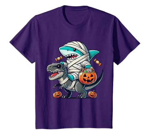 Funny Shark Dinosaur Halloween Kids Boys Tees Shark Riding Dinosaur T-rex Funny Halloween Pumpkin Boys Kid T-Shirt - size