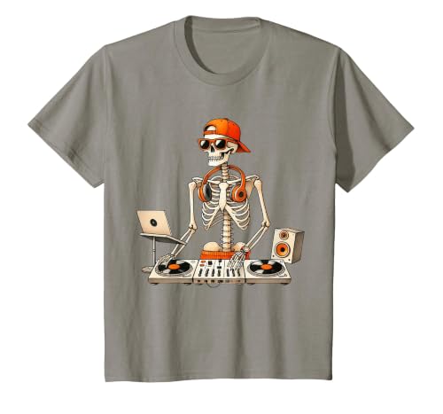 Funny Skeleton DJ Halloween Men Outfit Skeleton DJ Halloween Costume Turntable Music Funny Men Boys T-Shirt - size chart