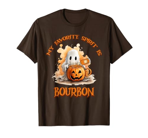 Boo Watercolor Pumpkin Cup Light Witch Hat Bottle Bourbon My Favorite Spirit is Bourbon Happy Halloween Boo T-Shirt - size