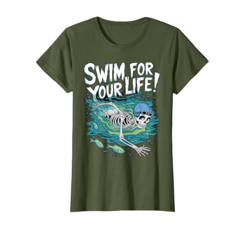 Swim Lover Halloween Custom Tee For Swimmers Kids Halloween Skeleton Swimming Swim for Your Life Swimmers Dad T-Shirt - size