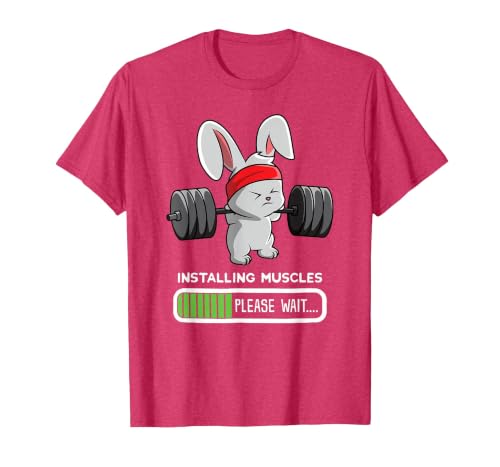 Bunny Gym Rabbit Weights Installing Muscles T-Shirt — design detail