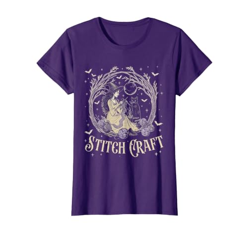 Witch Black Cat Halloween Witches Crochet Womens Stitch Craft Salem Witch Halloween Cat Witch Girls Trip T-Shirt - size chart