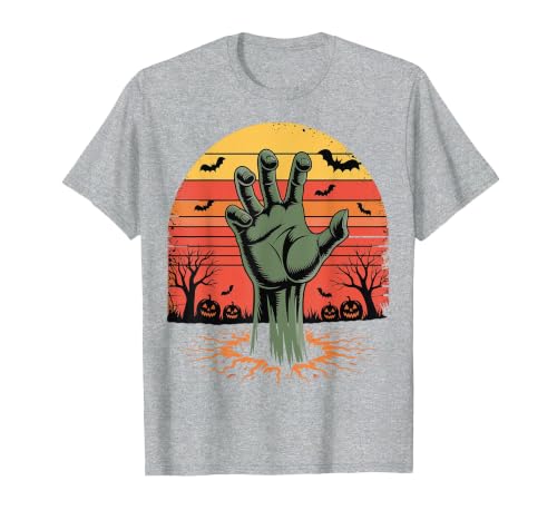 Creepy Undead Zombie Hand Retro Sunset Scary Zombie Hand Retro Sunset Halloween Horror Tee T-Shirt - size chart