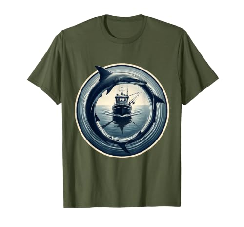 Mademark Shark Fin Circling Fishing Boat Graphic T-Shirt - size chart