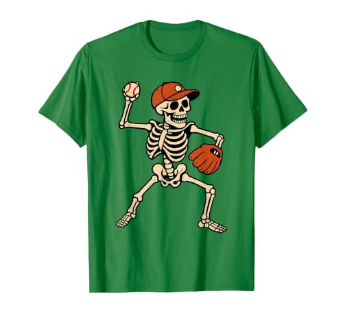 Funny Skeleton Baseball Tee Skeleton Baseball Halloween Costume Pitcher Sport Player T-Shirt - size chart