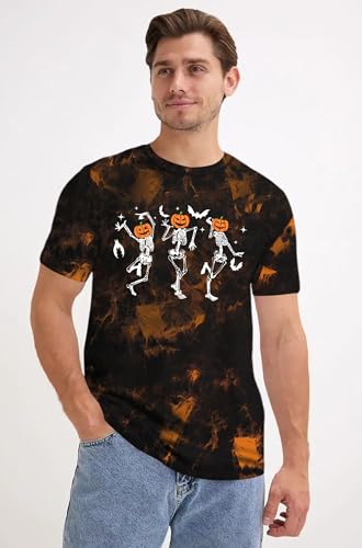 CAZYCHILD Halloween Shirts for Men Funny Halloween Pumpkin Shirt Dancing Skeleton Tee - size chart