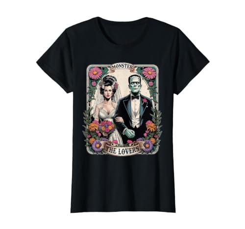 The Lovers Tarot Card Spooky Halloween Women Men The Monster Frankenstein and Bride The Lovers Tarot Card T-Shirt - size