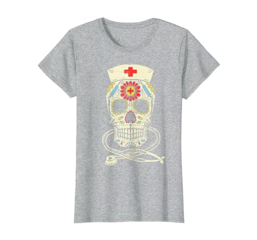 Halloween Nurse Shirts For Women Scrub Costumes Nurse Sugar Skull Stethoscope RN Medical Halloween Costume T-Shirt - size
