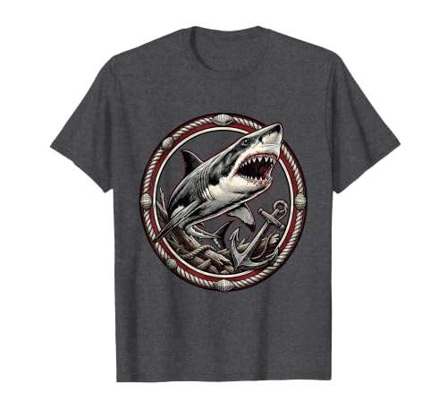 Mademark Shark Swimming Past a Crumbling Shipwreck T-Shirt - size chart