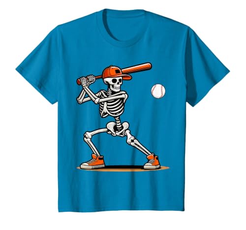 Funny Halloween Skeleton Sports Boys Costume Baseball Skeleton Spooky Boys Halloween Baseball Player T-Shirt - size chart