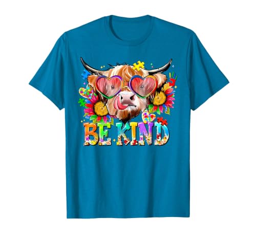 Be Kind Highland Cow Autism Awareness Sped Teacher Be Kind Highland Cow Autism Awareness Inspirational Teacher T-Shirt -