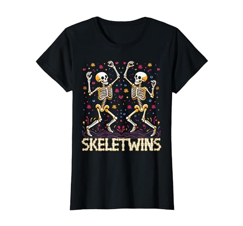 Spirit Week Twin Day Skeletwins Halloween Twins Dancing Skeletons Twins Halloween Matching Skeletwins T-Shirt - size chart