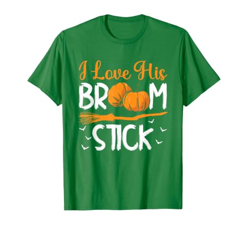 Match Halloween Couple Costumes I Love His Broomstick I Love Her Pumpkins T-Shirt - size chart