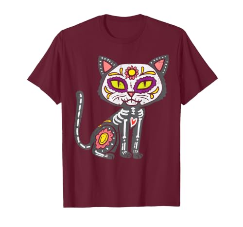 Halloween Cat Shirts For Women Men Kids Owner Sugar Skull Cat Dia De Muertos Day of Dead Halloween Mexican T-Shirt - size