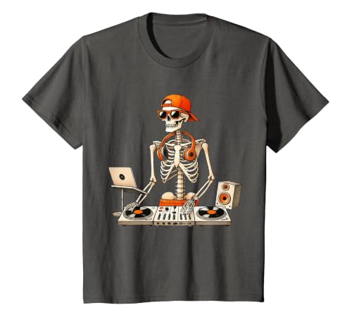 Funny Skeleton DJ Halloween Men Outfit Skeleton DJ Halloween Costume Turntable Music Funny Men Boys T-Shirt - size chart