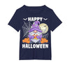 Gnome Halloween Gifts Co. Happy Halloween Spooky Ghost Witches Candy Corn Gnomes T-Shirt - size chart