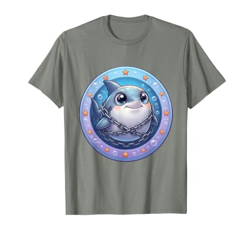 Mademark Great White Shark Tangled in Anchor Chain Art T-Shirt - size chart