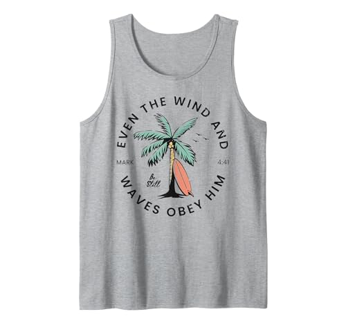 Surf Board And Palm Tree Summer Beach Tee Retro Even The Wind and The Waves Christian Bible Beach Tank Top - size chart